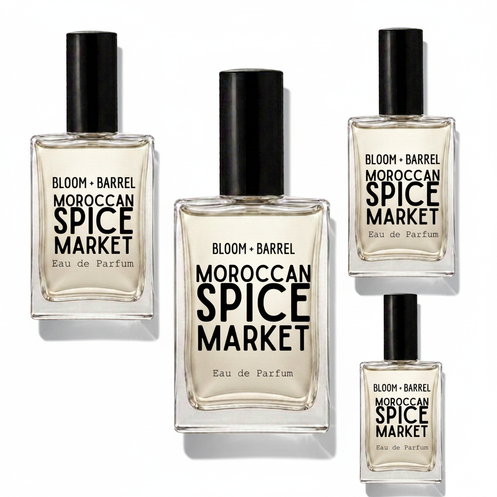 Four bottles of Bloom + Barrel Moroccan Spice Market Eau de Parfum in different sizes, arranged on a plain white background.