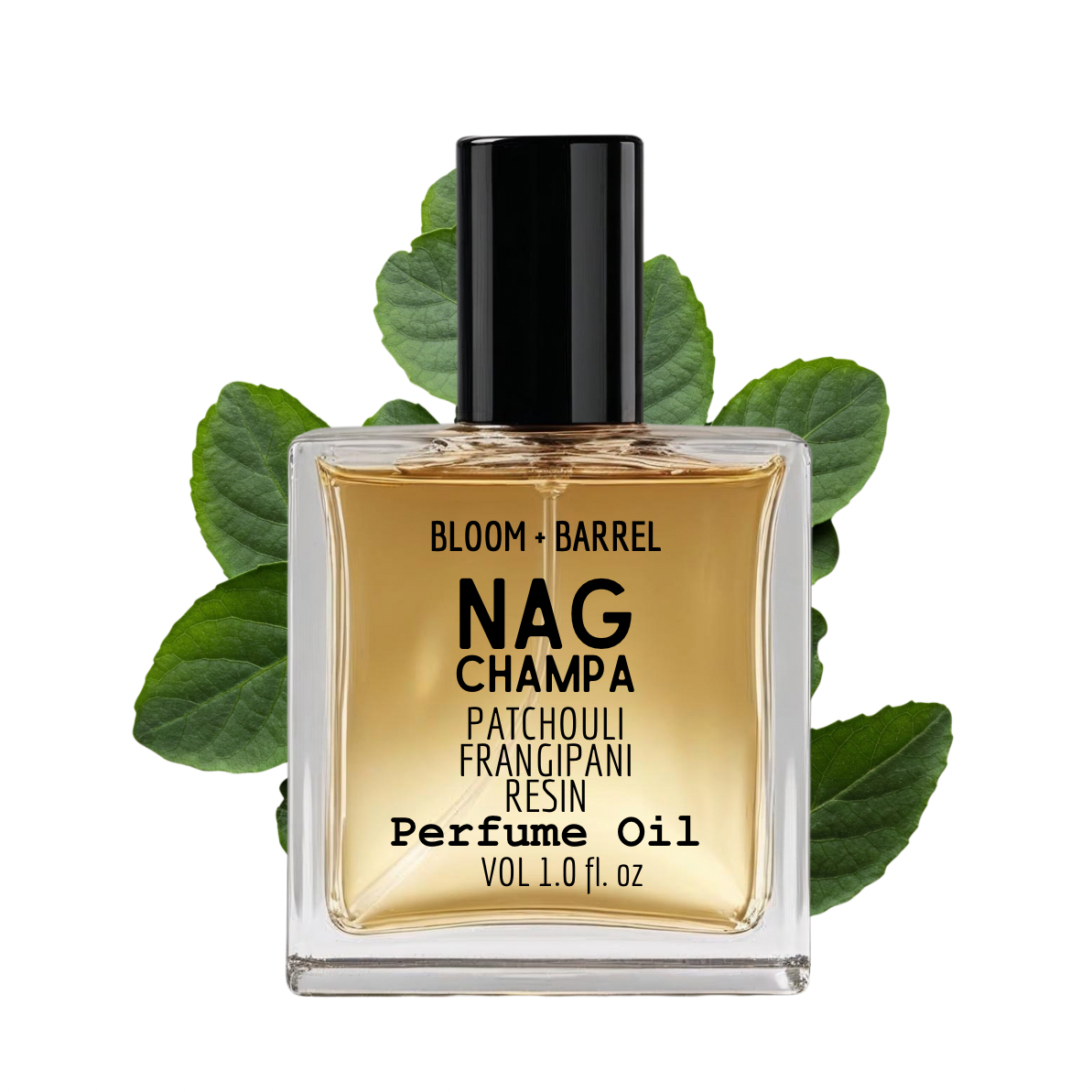 Perfume oil bottle with gold label and black cap on a white background