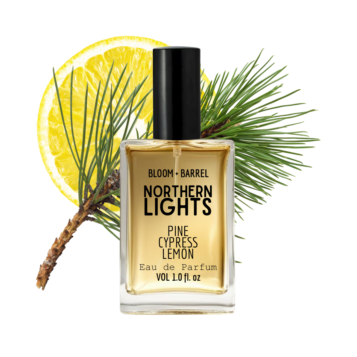 Bottle of 'Northern Lights' perfume with a lemon and pine branch on a white background