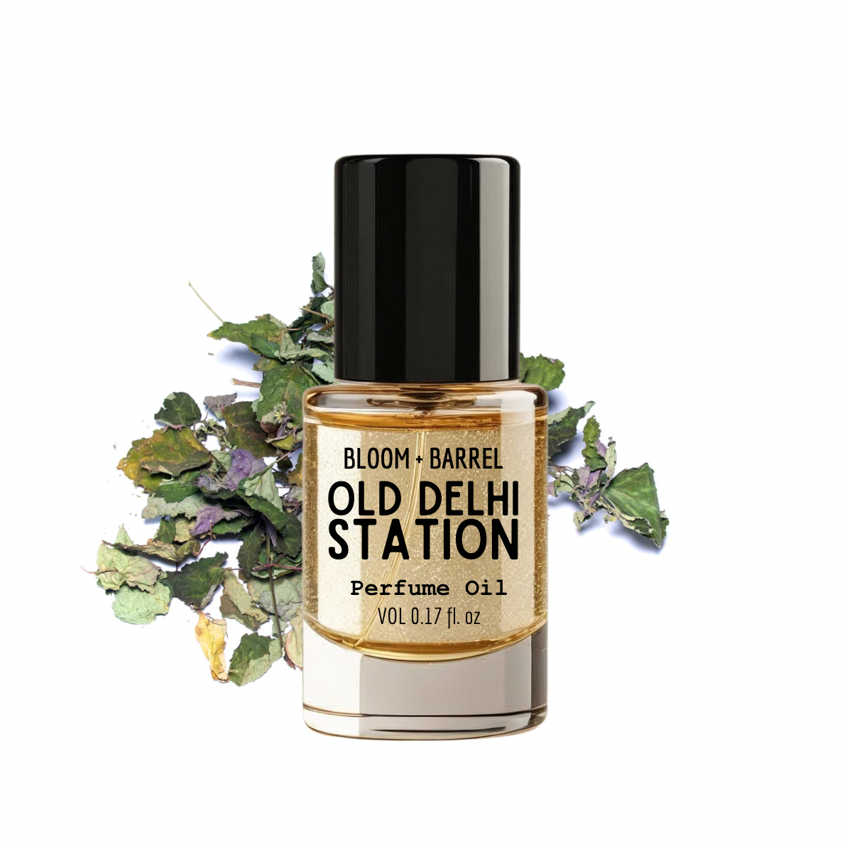 Perfume oil bottle labeled 'Old Delhi Station' by Bloom & Barrel on a white background with green leaves.