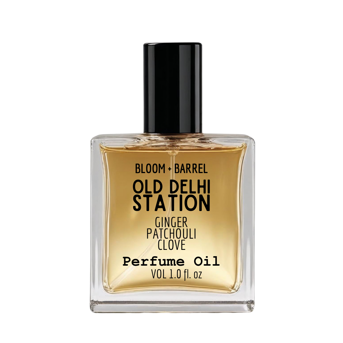 Perfume oil bottle labeled 'Old Delhi Station' by Bloom + Barrel on a white background