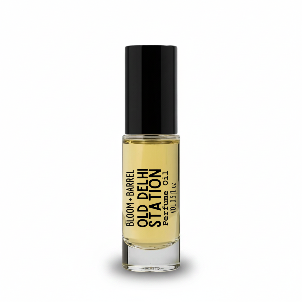 Perfume bottle labeled 'Old Delhi Station' by Bloom & Barrel on a white background