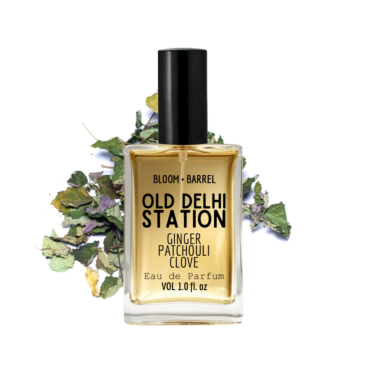 Perfume bottle labeled 'Old Delhi Station' with a black cap on a white background