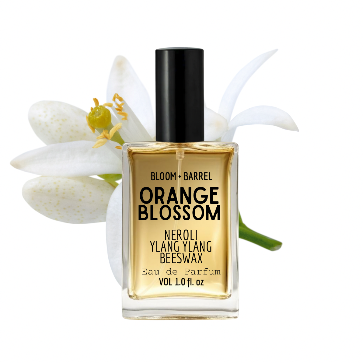 Perfume bottle labeled 'Orange Blossom' with flowers in the background