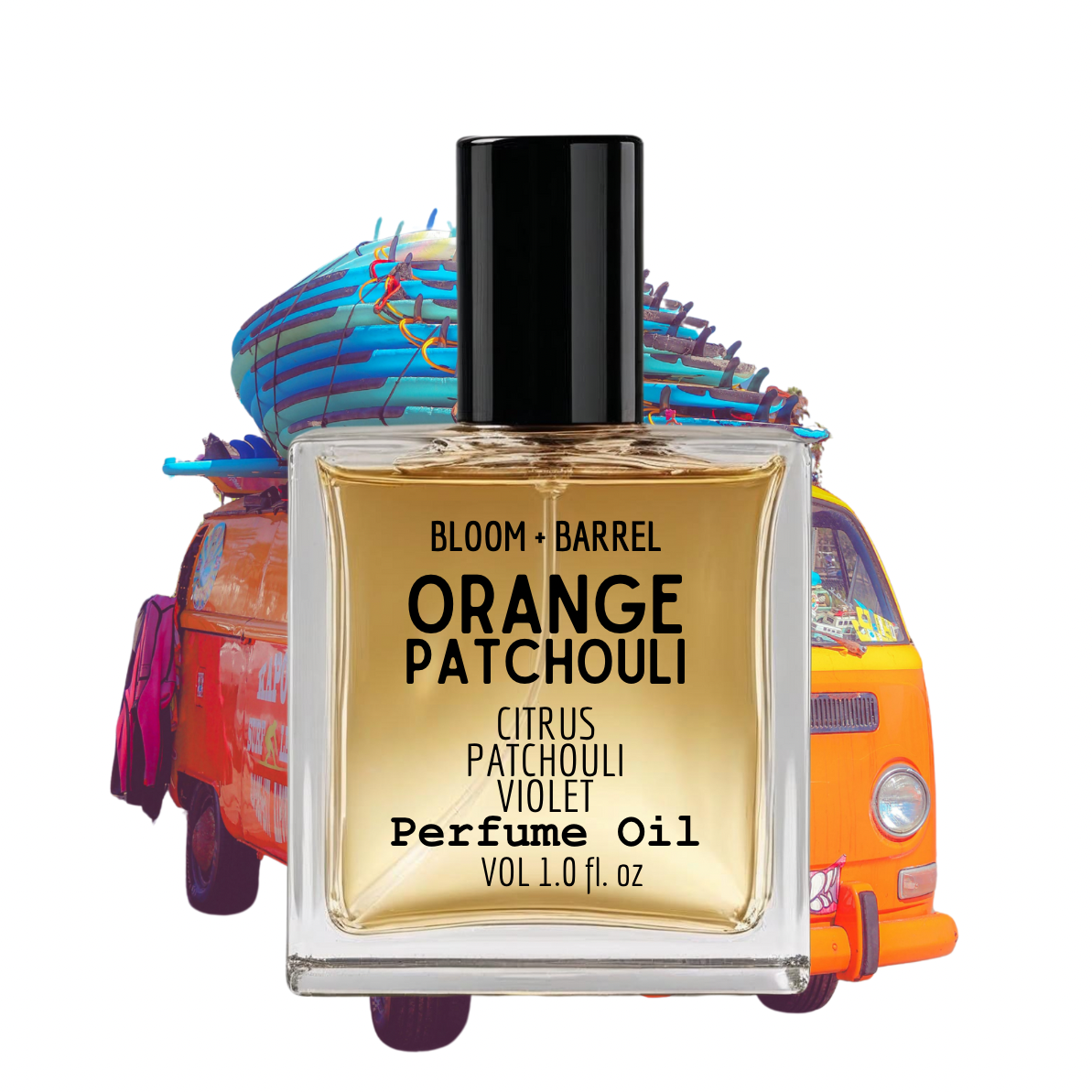 Perfume oil bottle labeled 'Orange Patchouli' with a colorful van in the background