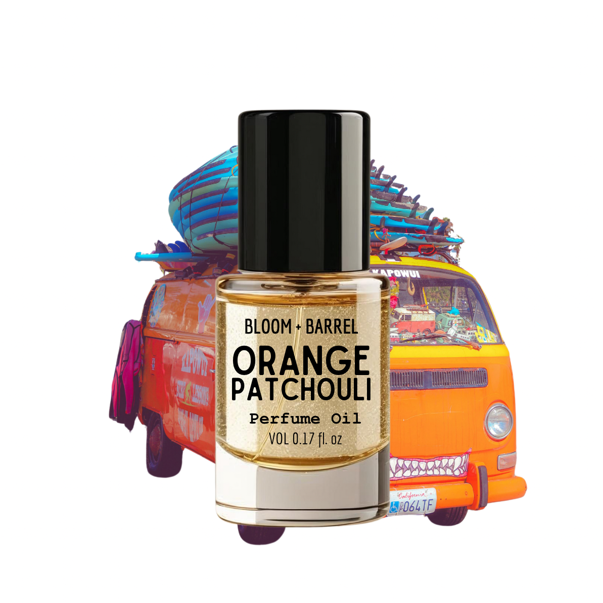 Perfume oil bottle labeled 'Orange Patchouli' with a colorful van in the background