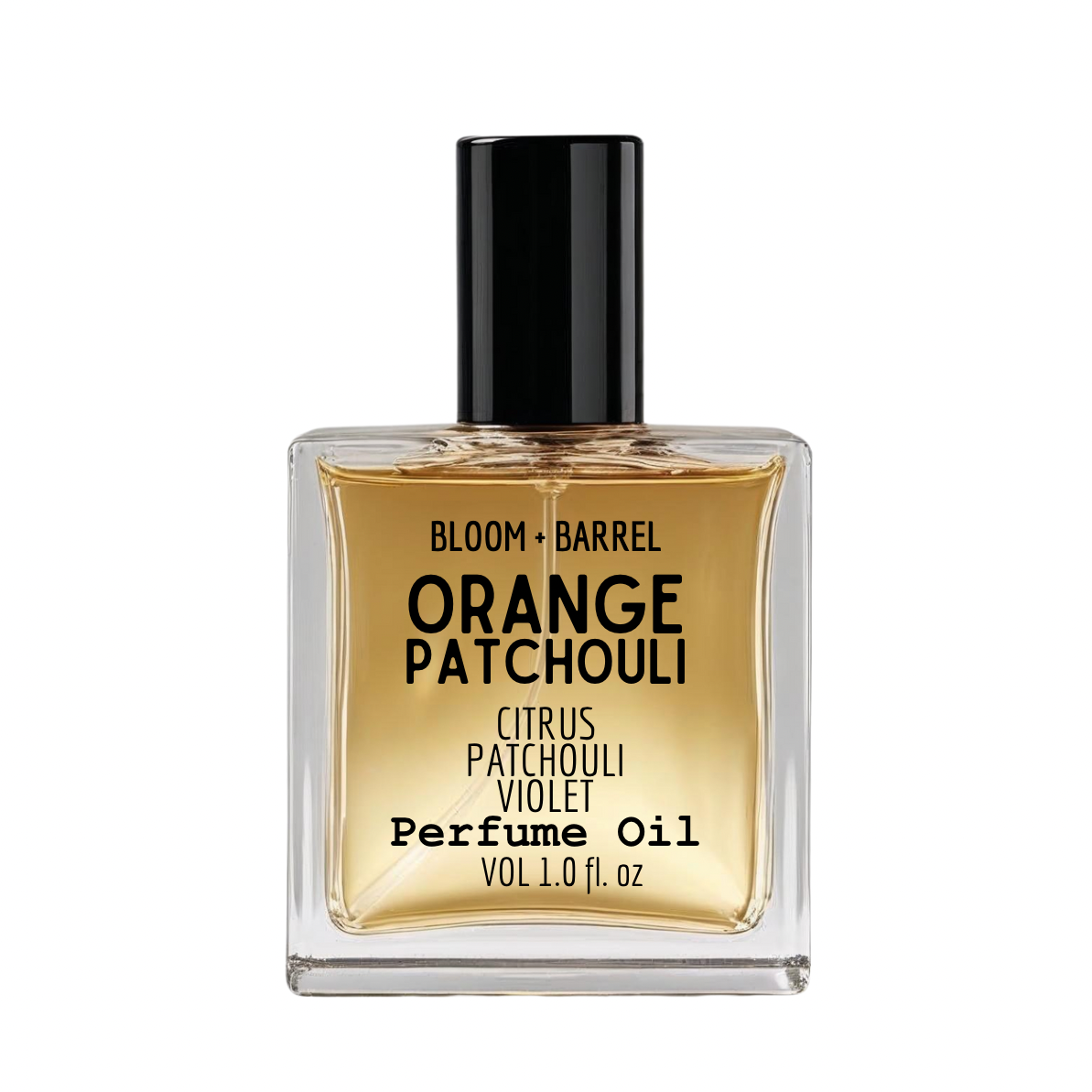 Perfume oil bottle labeled 'Orange Patchouli' by Bloom & Barrel on a white background