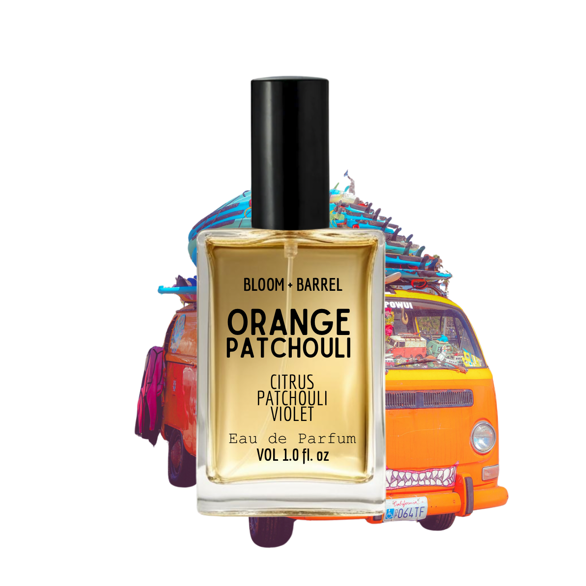 Perfume bottle labeled 'Orange Patchouli' with a colorful van-shaped object in the background