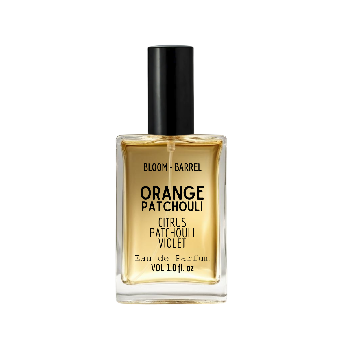 Perfume bottle labeled 'Orange Patchouli' by Bloom & Barrel on a white background