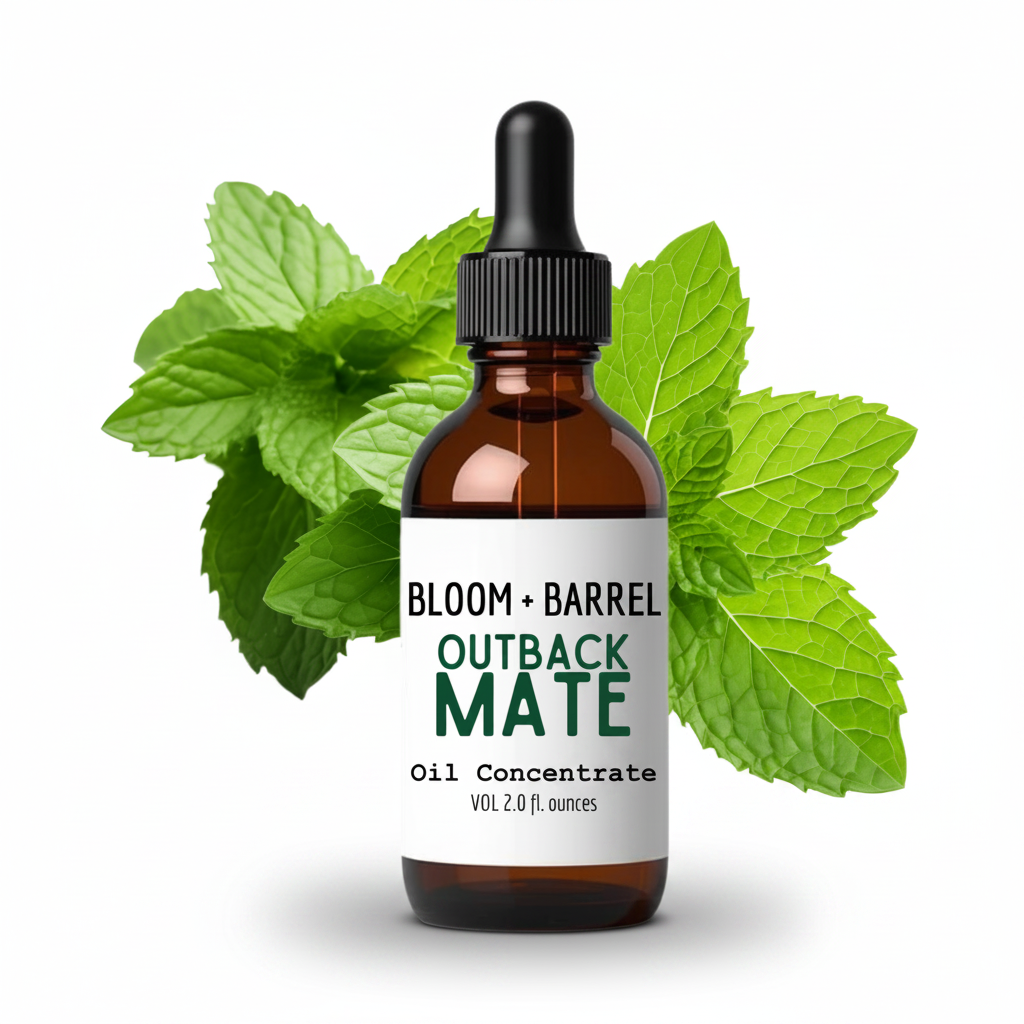 Bottle of Bloom + Barrel Outback Mate Oil Concentrate with mint leaves on a white background