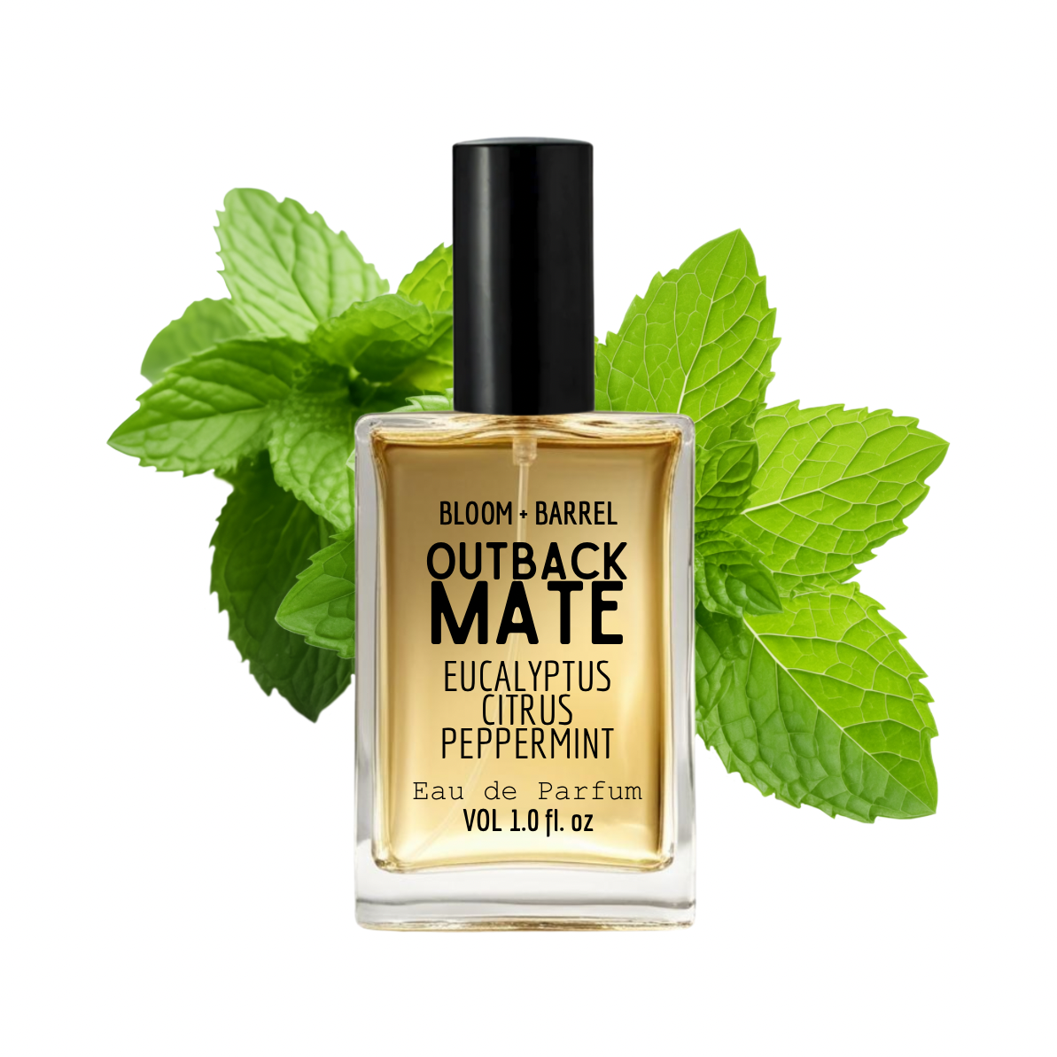 Perfume bottle labeled 'Outback Mate' with eucalyptus leaves on a white background