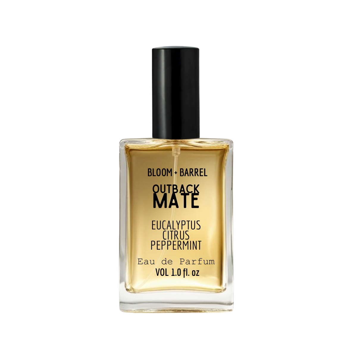 Perfume bottle labeled 'Outback Mate' by Bloom & Barrel on a white background