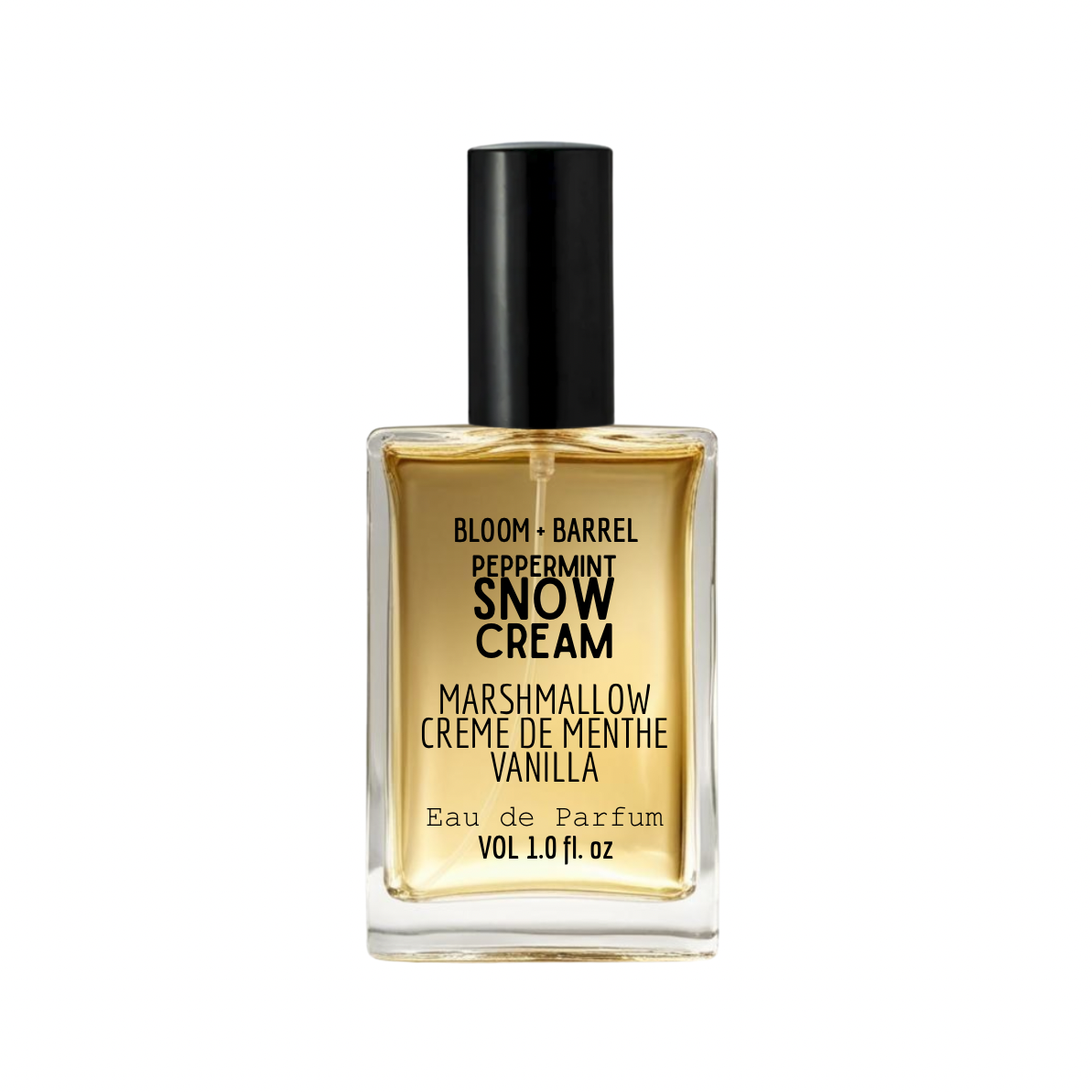 Perfume bottle labeled 'Bloom + Barrel Peppermint Snow Cream' on a white background