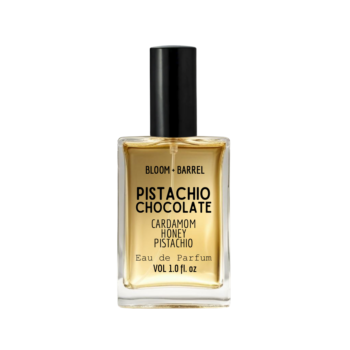 Perfume bottle labeled 'Bloom & Barrel Pistachio Chocolate' on a white background