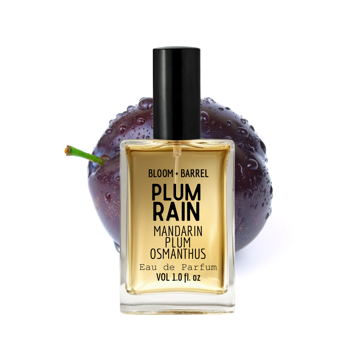 Perfume bottle labeled 'Plum Rain' with a plum fruit on a white background