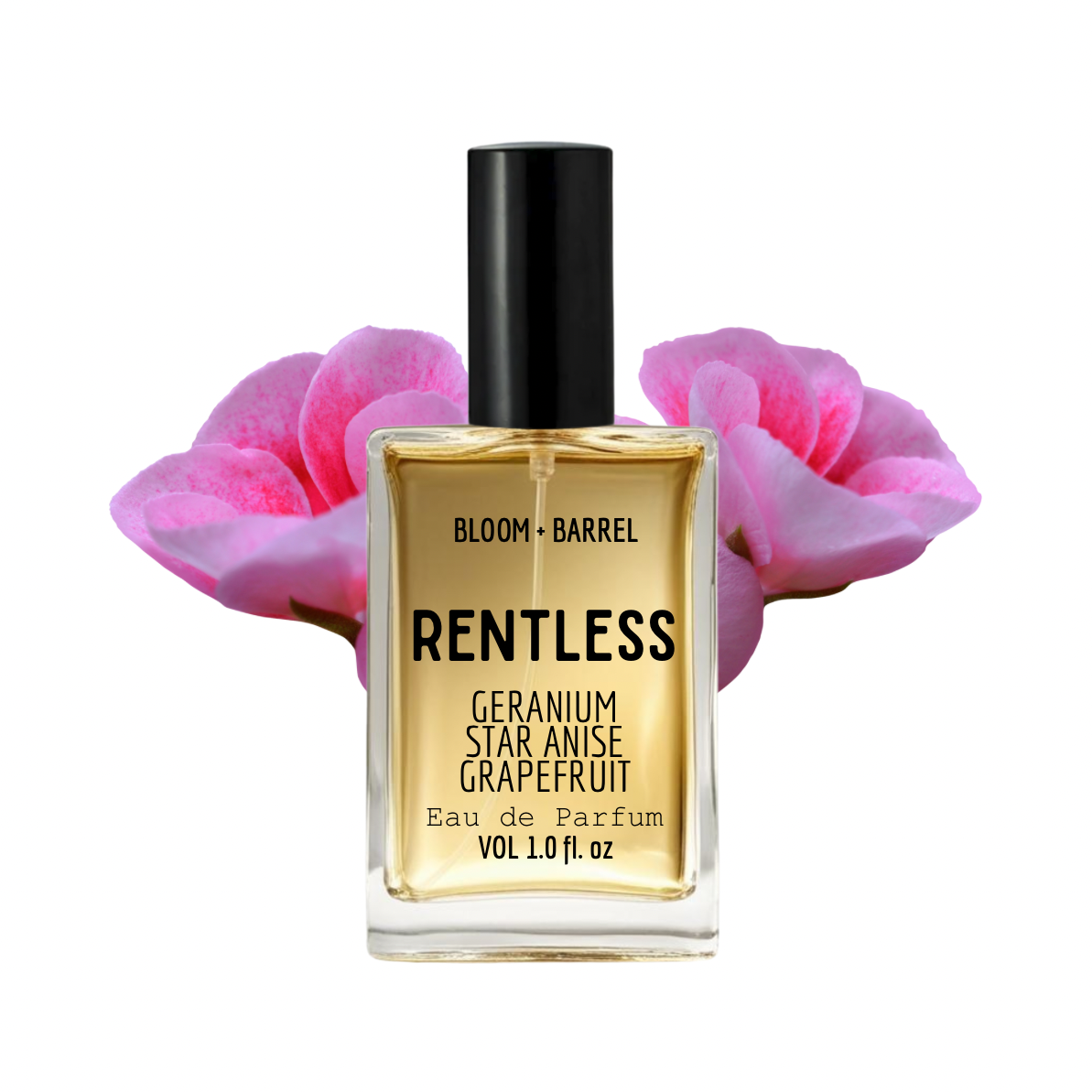 Perfume bottle labeled 'Rentless' with pink flowers on a white background