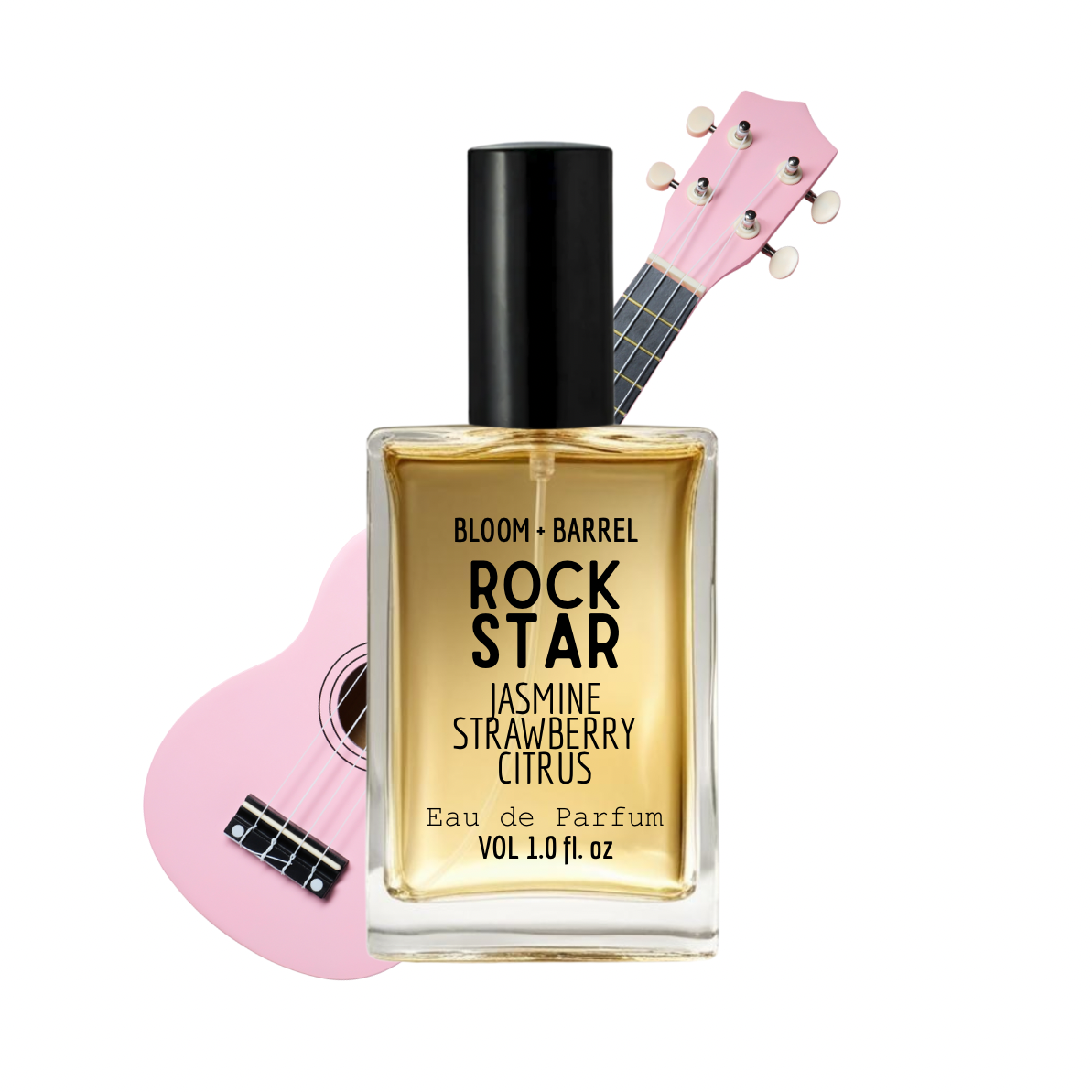 Perfume bottle labeled 'Rock Star' with a pink ukulele on a white background