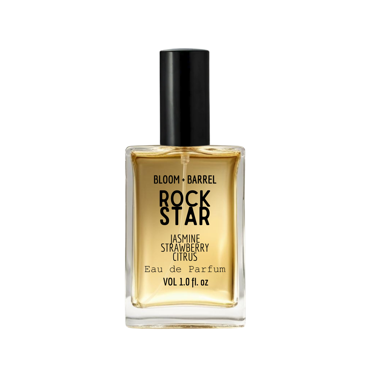 Perfume bottle labeled 'Rock Star' by Bloom & Barrel on a white background