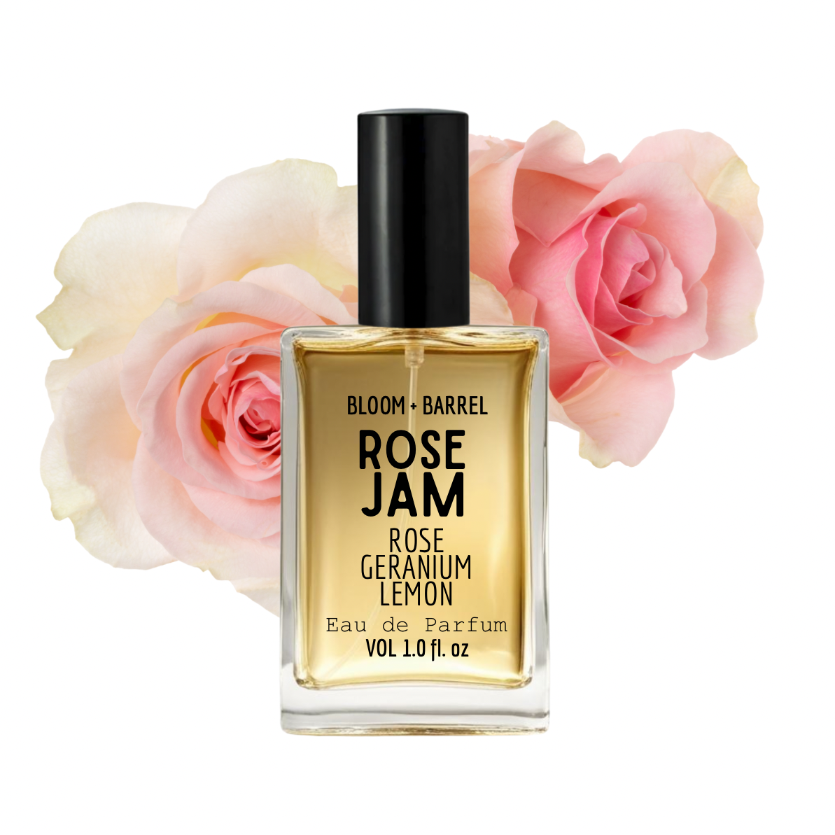 Perfume bottle labeled 'Rose Jam' with pink roses in the background