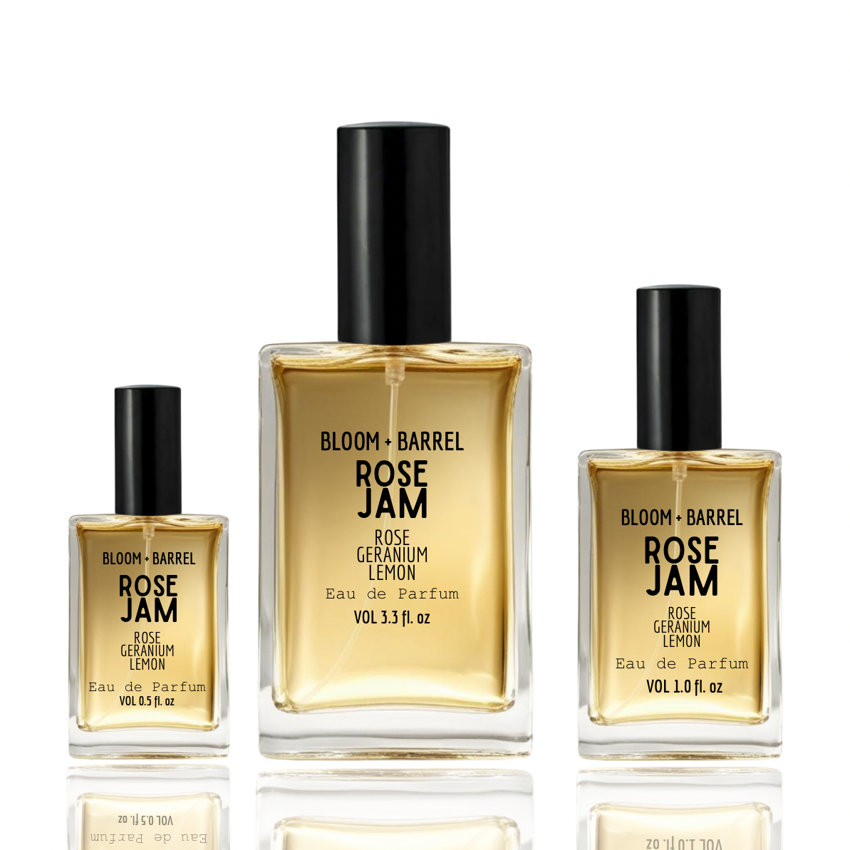 Three bottles of Bloom & Barrel Rose Jam perfume on a white background