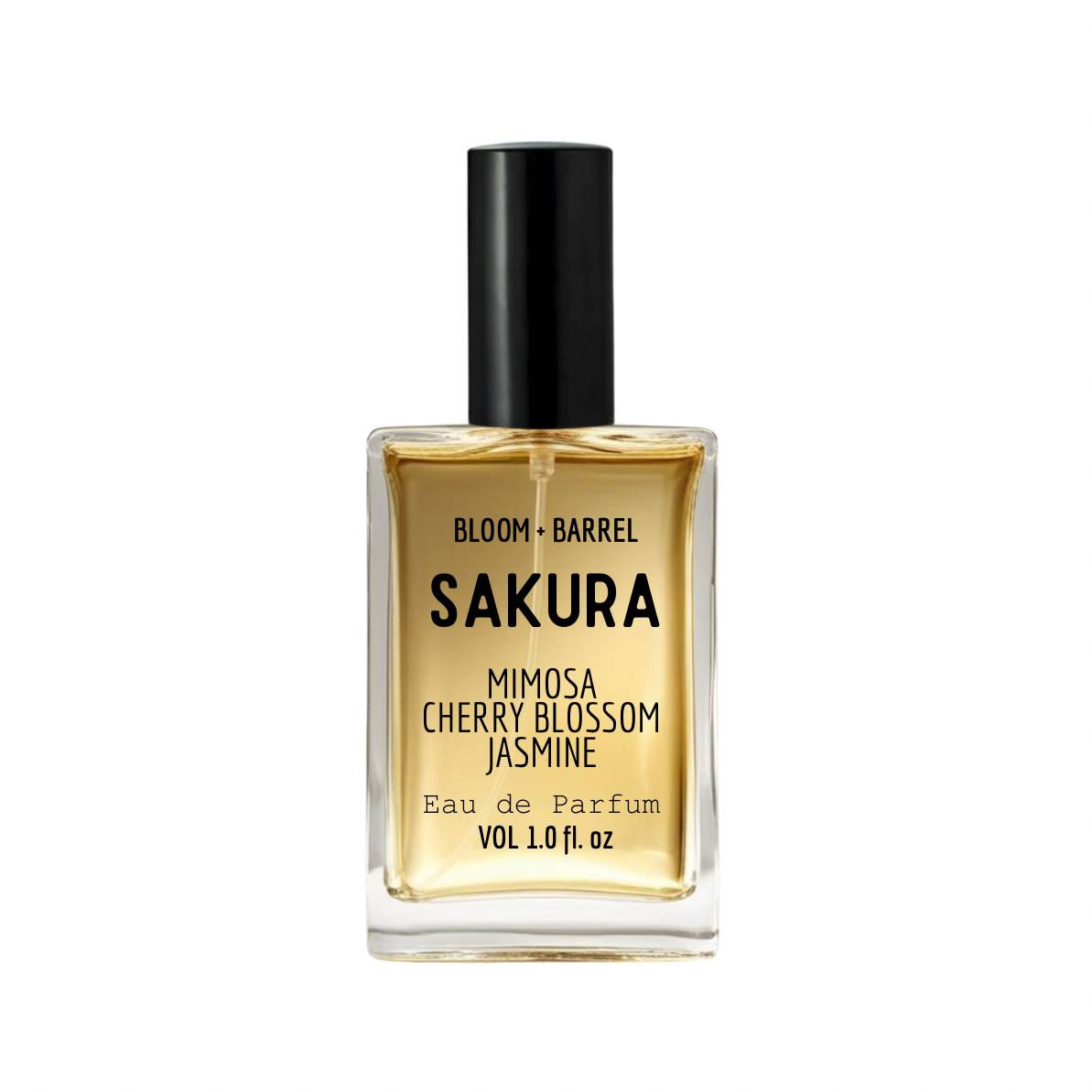 Perfume bottle labeled 'Sakura' by Bloom & Barrel on a white background