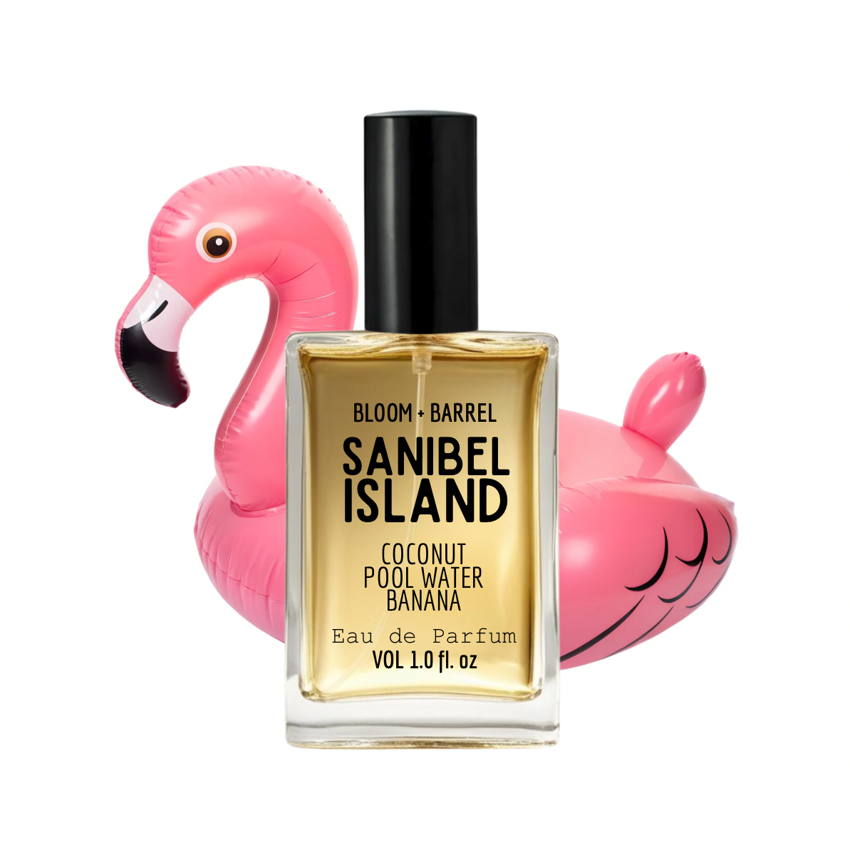 Perfume bottle labeled 'Sanibel Island' with a pink inflatable flamingo float on a white background