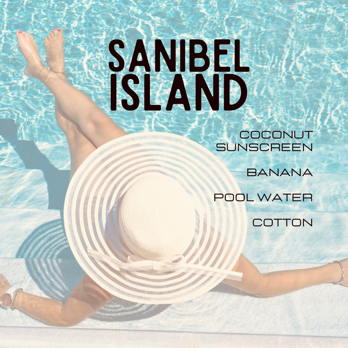 Person lying on a towel with a sun hat, surrounded by text about Sanibel Island.