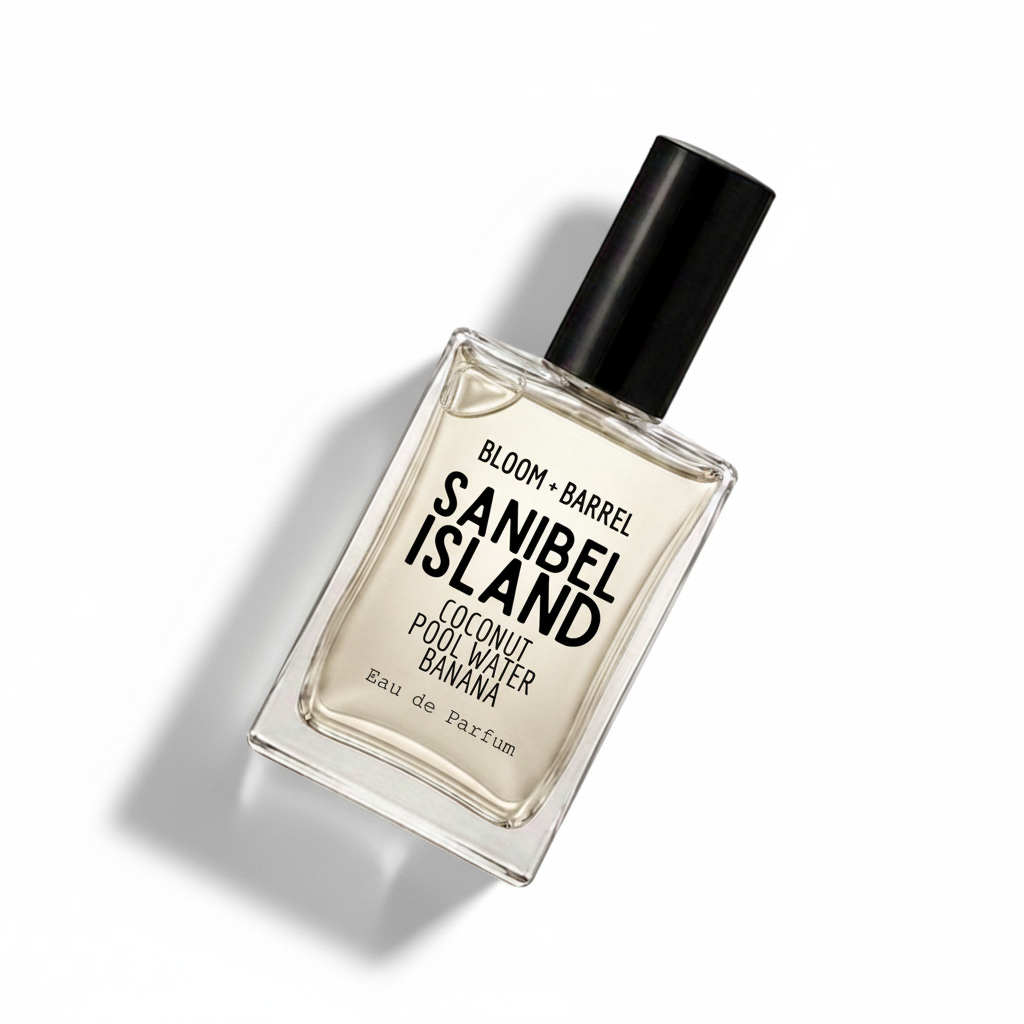 A rectangular glass bottle of Sanibel Island Coconut Pool Water Banana Eau de Parfum by Bloom Barrel, featuring a black cap and black text on a clear glass body containing a pale yellow liquid, set against a plain white background.
