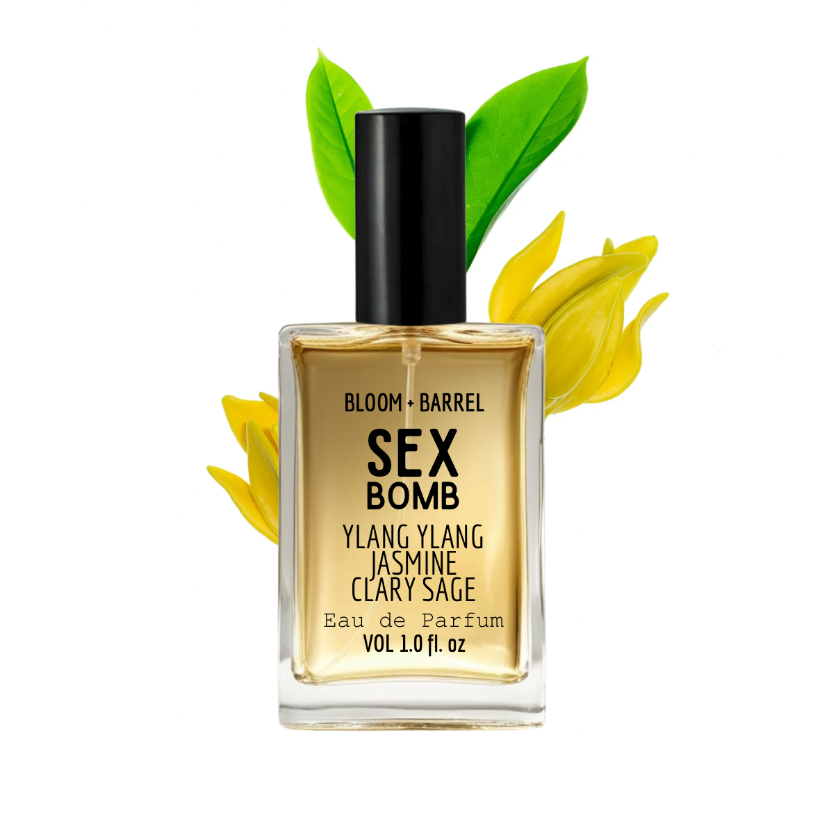 Perfume bottle labeled 'Sex Bomb' with floral elements on a white background