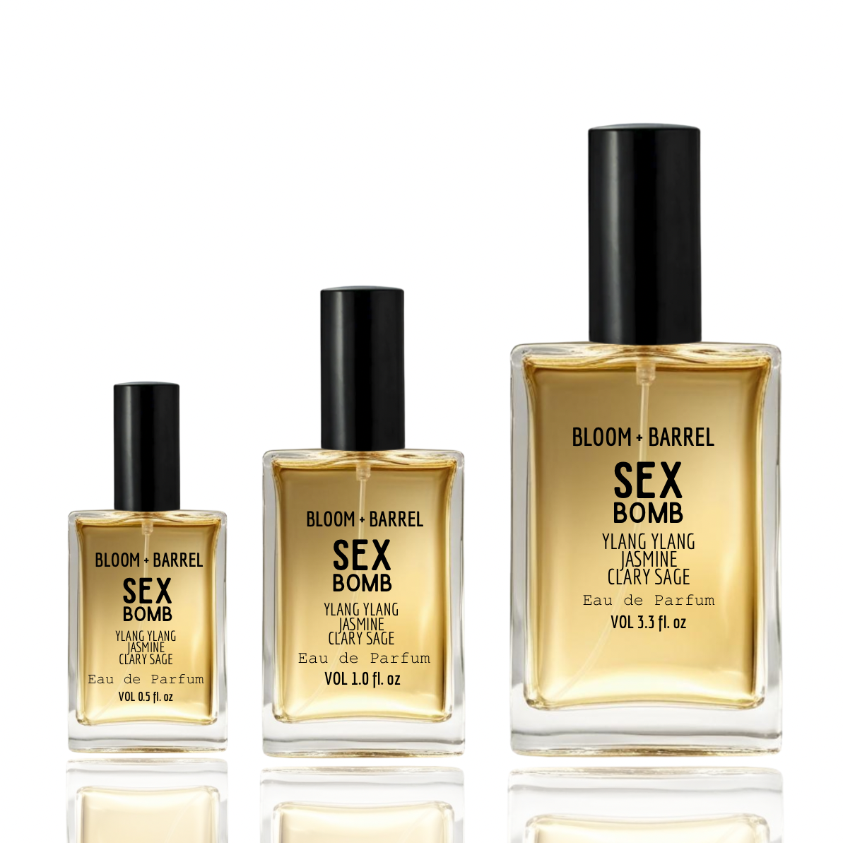 Three bottles of Bloom + Barrel Sex Bomb perfume on a white background