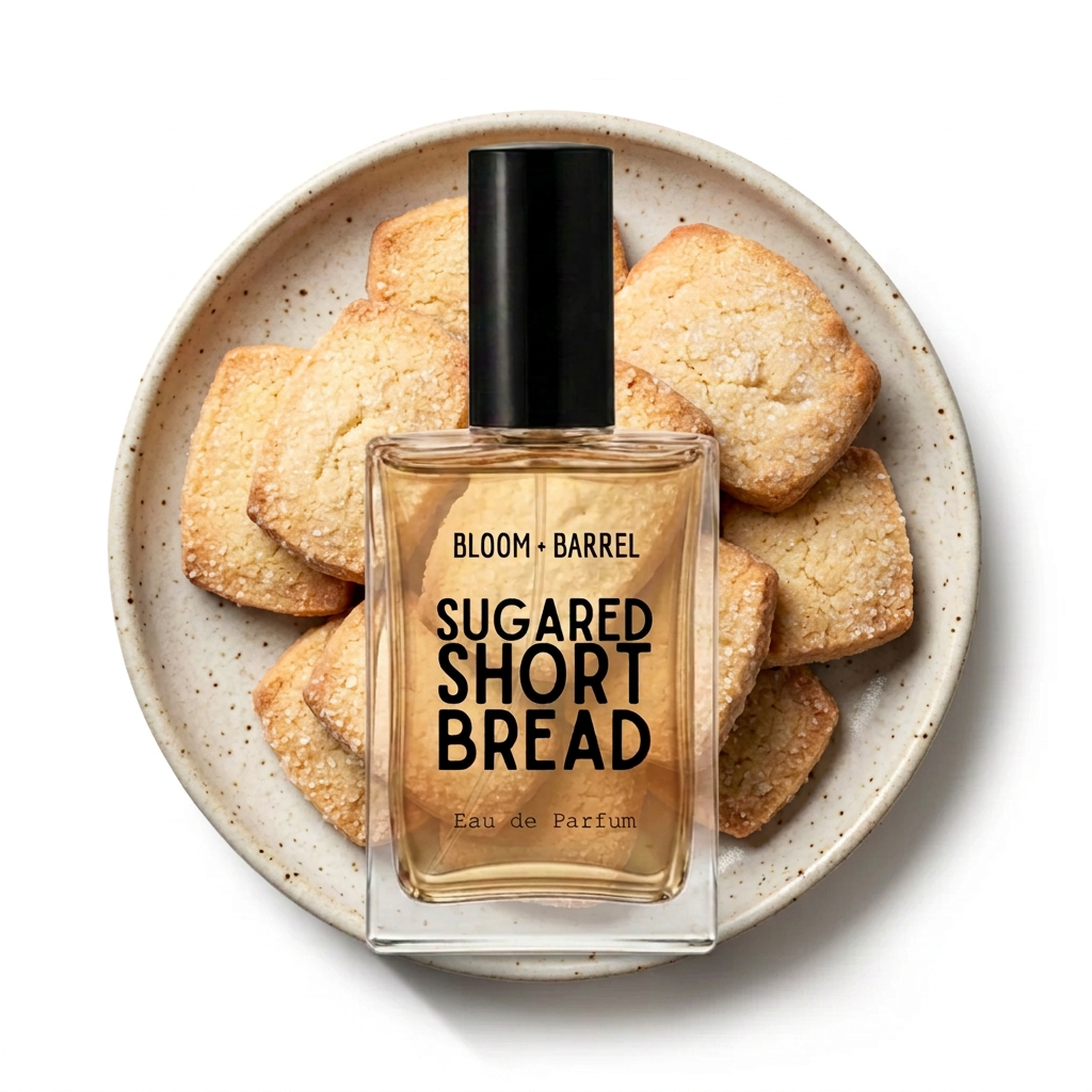 A square glass perfume bottle labeled 'BLOOM • BARREL SUGARED SHORT BREAD Eau de Parfum' with a black cap, set in front of a sugar-dusted shortbread cookie on a white background.