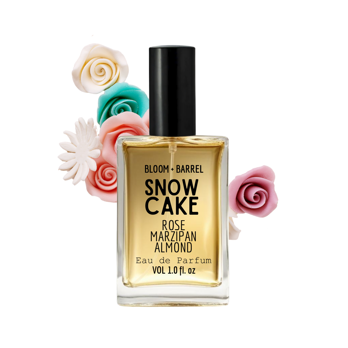 Perfume bottle labeled 'Snow Cake' with decorative flowers on a white background