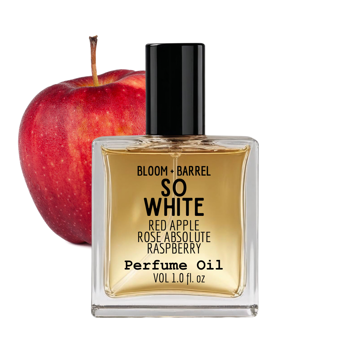 Perfume oil bottle labeled 'So White' with a red apple on a white background