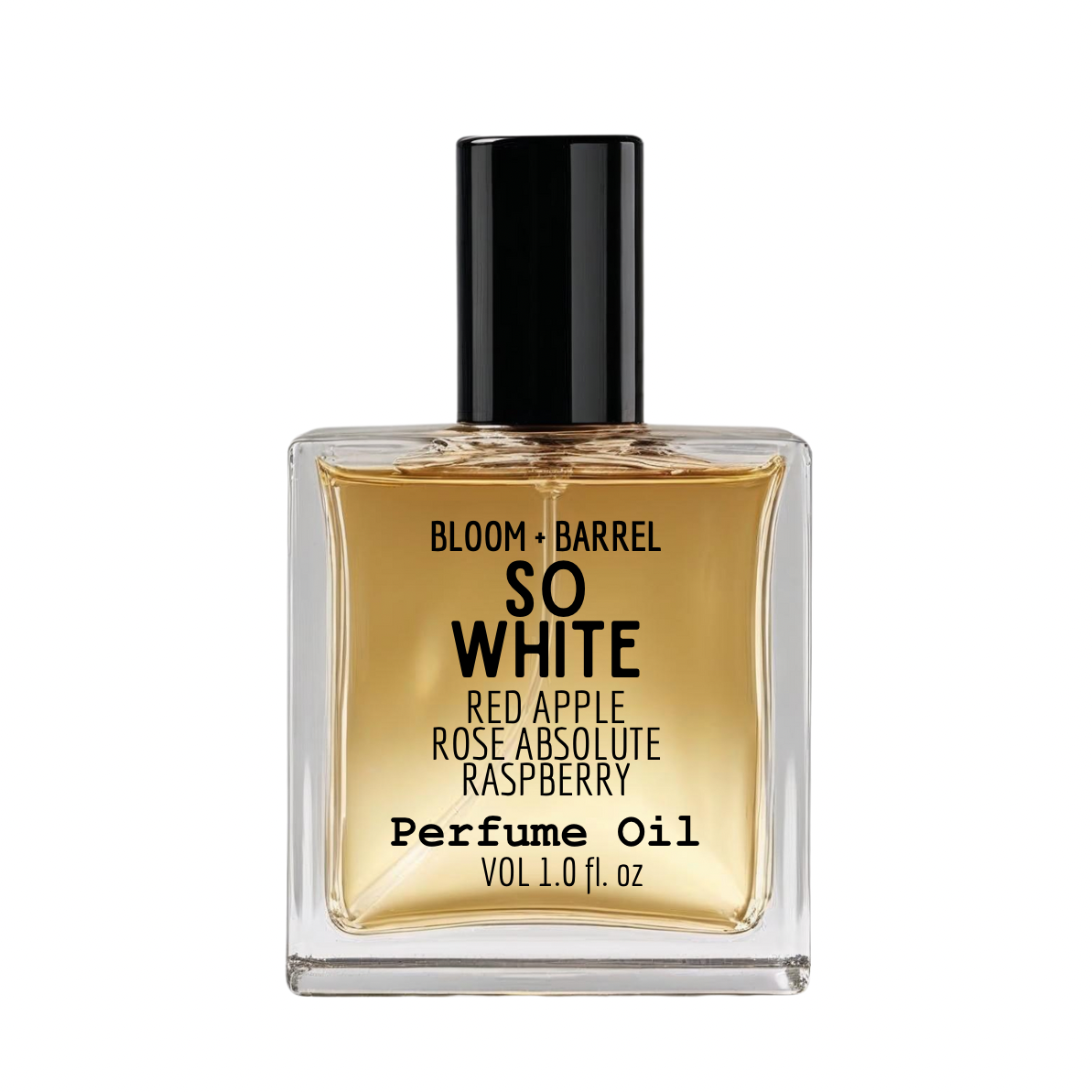 Perfume oil bottle labeled 'Bloom & Barrel So White' on a white background