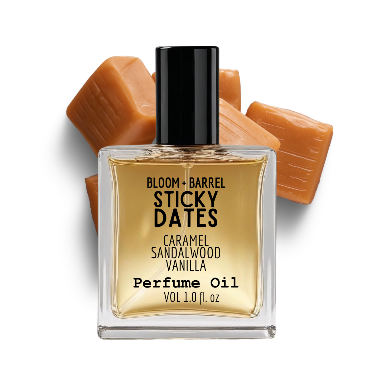 Perfume oil bottle labeled 'Sticky Dates' with caramel pieces on a white background