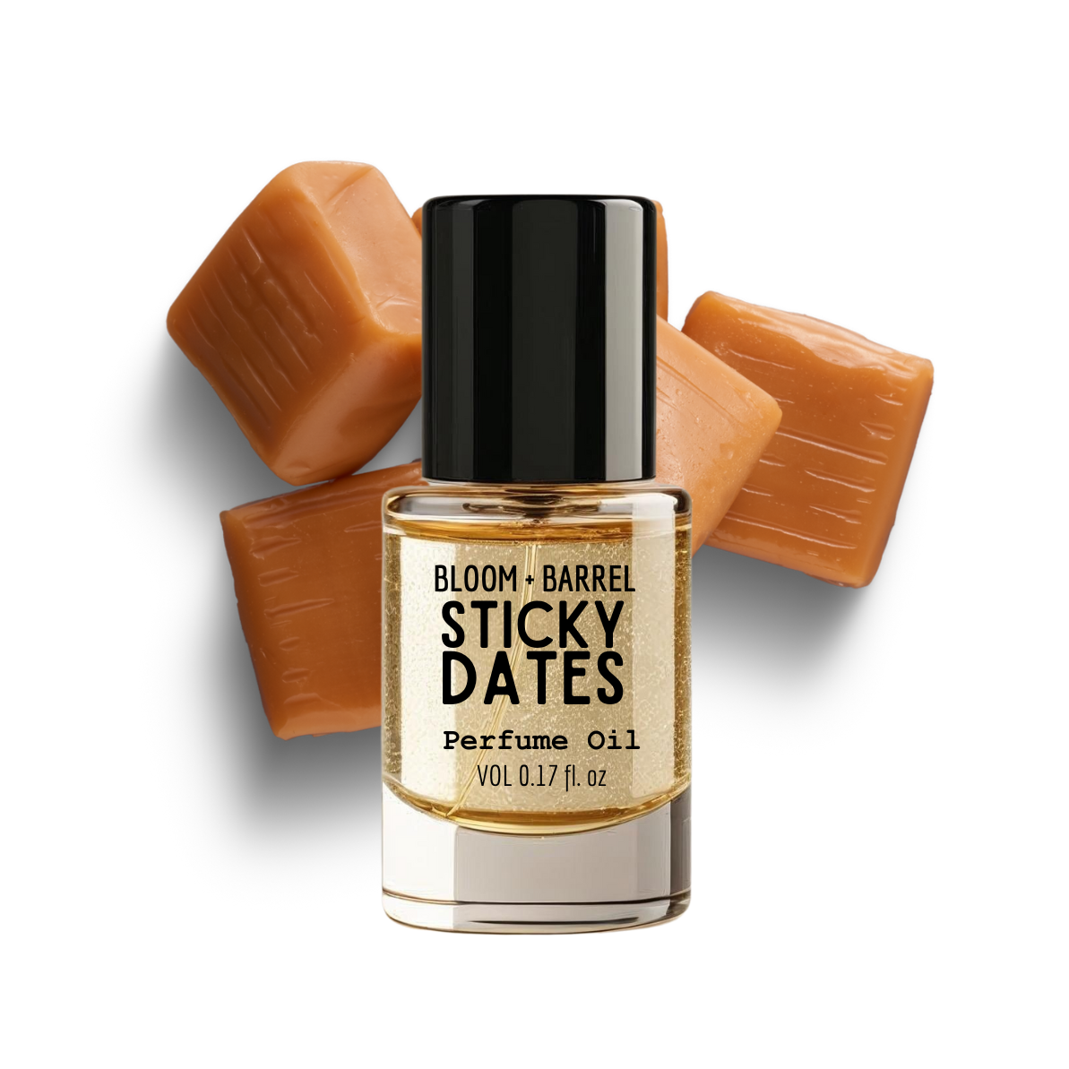 Perfume oil bottle labeled 'Sticky Dates' with caramel pieces on a white background