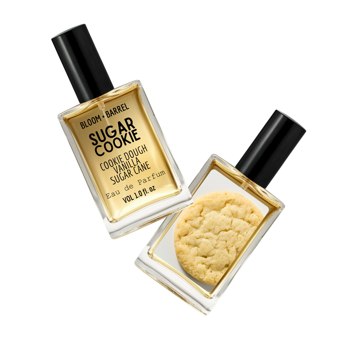 Two perfume bottles labeled 'Sugar Cookie' by Bloom & Barrel on a white background.