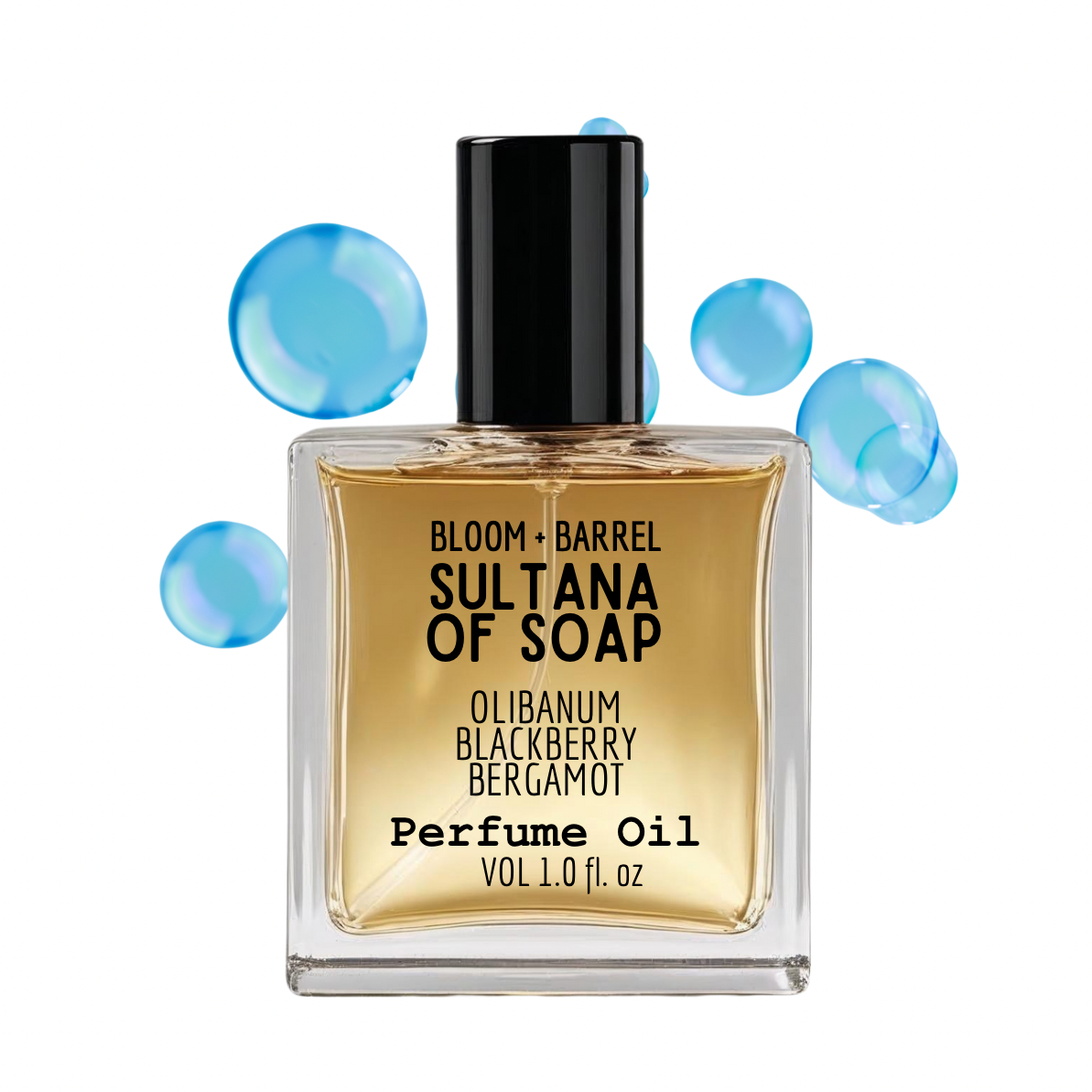 Perfume oil bottle with black cap and gold label on a white background