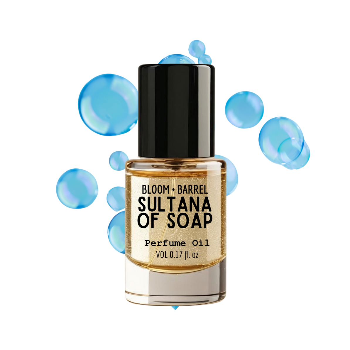 Bottle of Bloom & Barrel Sultana of Soap perfume oil with blue bubbles on a white background