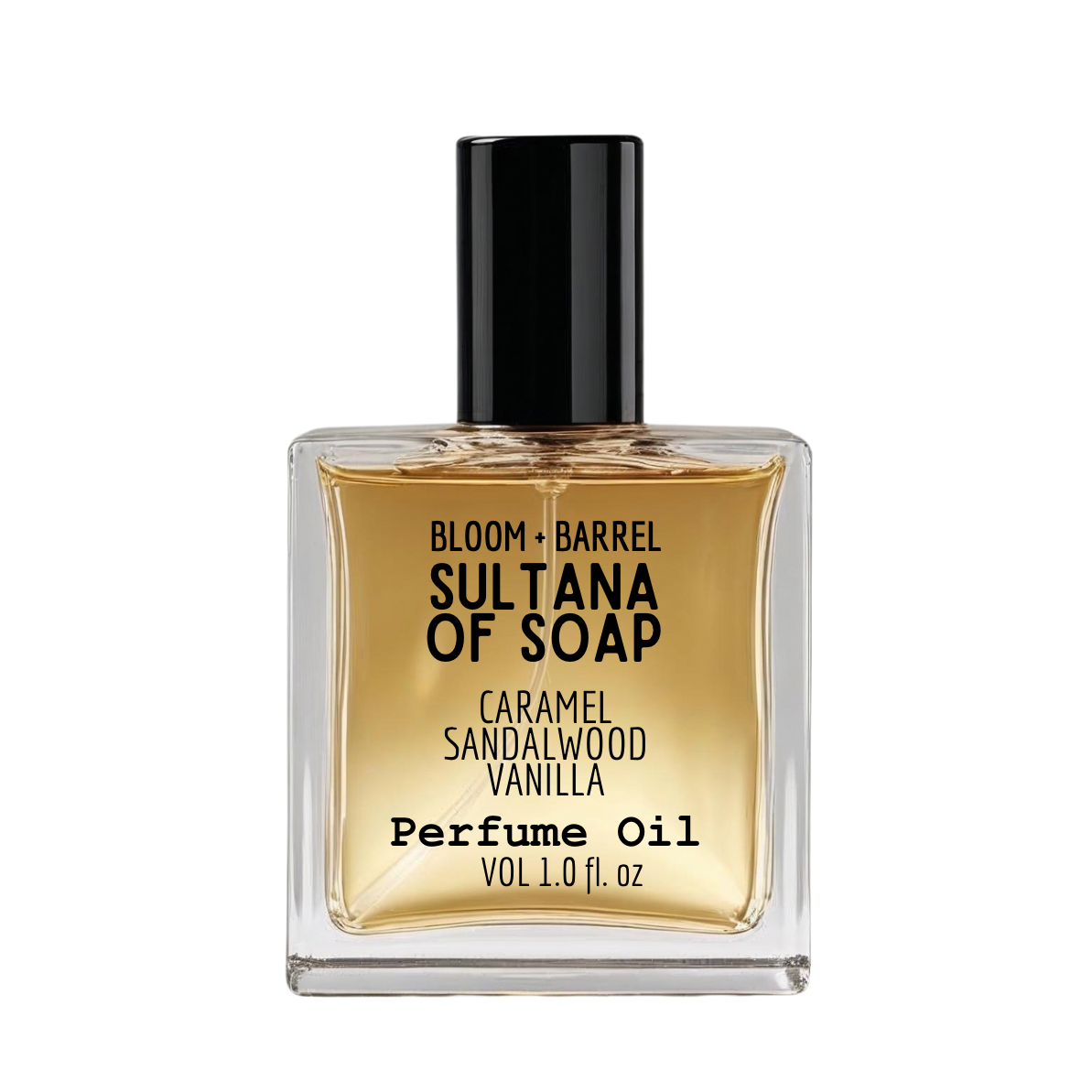 Perfume oil bottle labeled 'Sultana of Soap' with a black cap on a white background