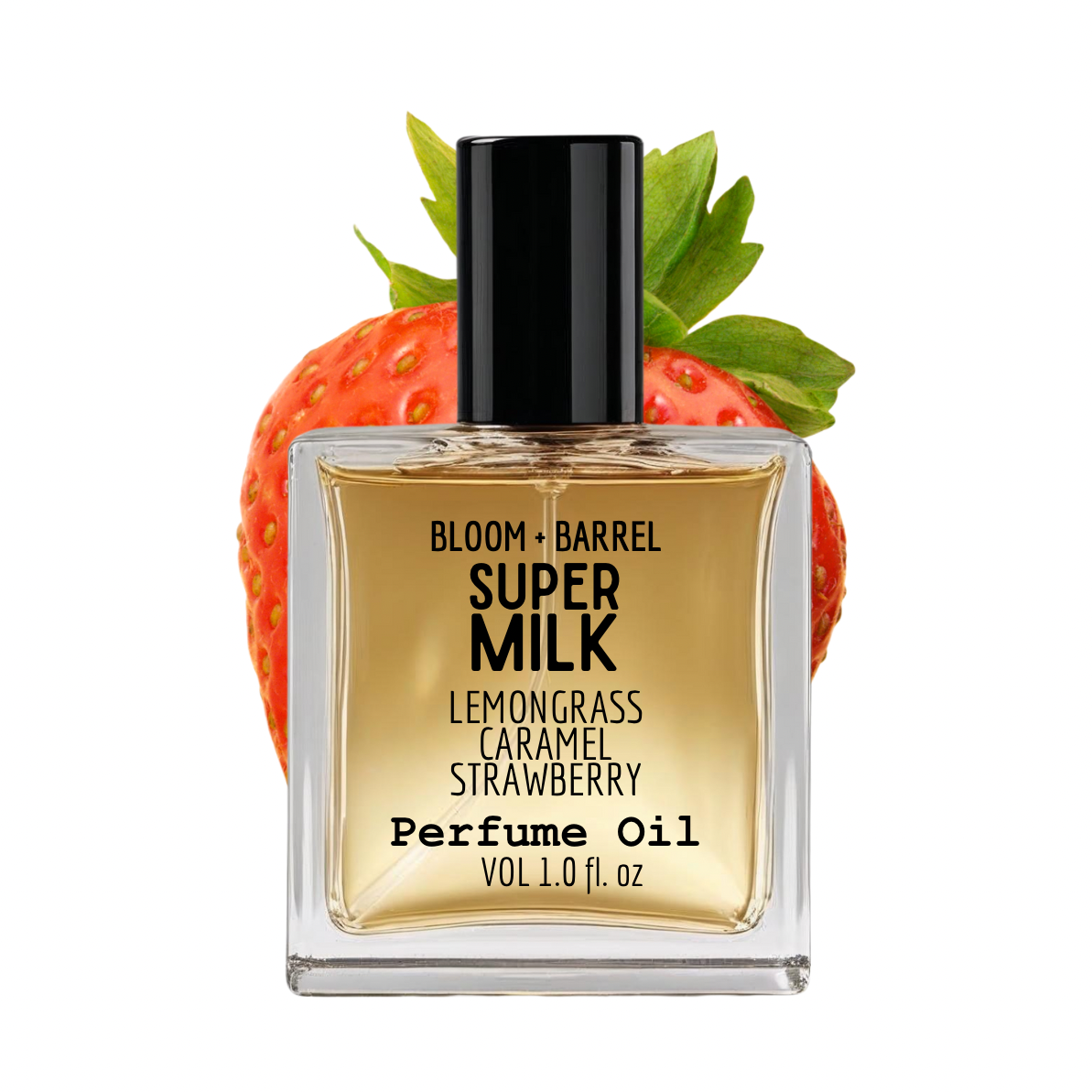 Perfume oil bottle with strawberry on a white background