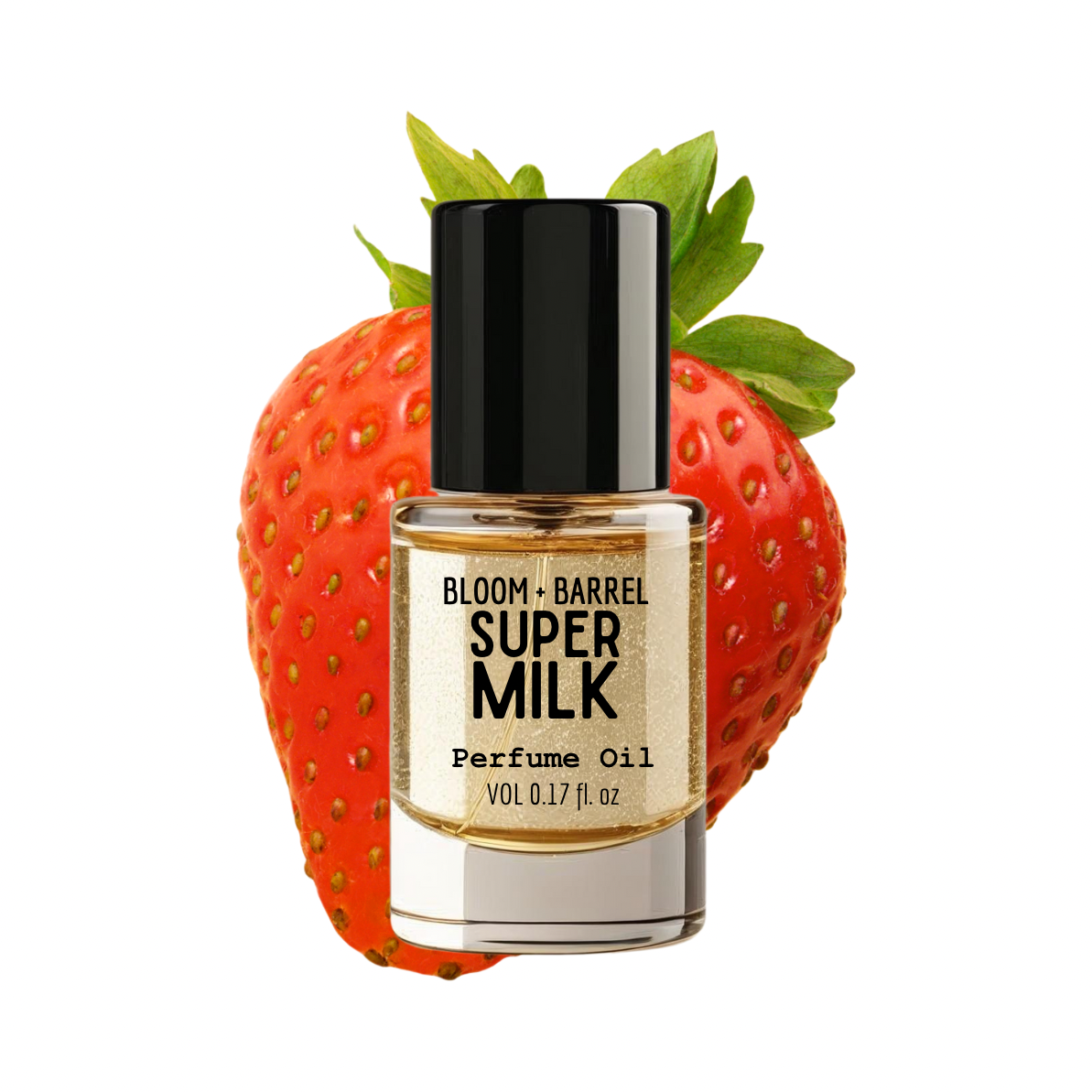 Perfume oil bottle labeled 'Super Milk' on a strawberry with green leaves.