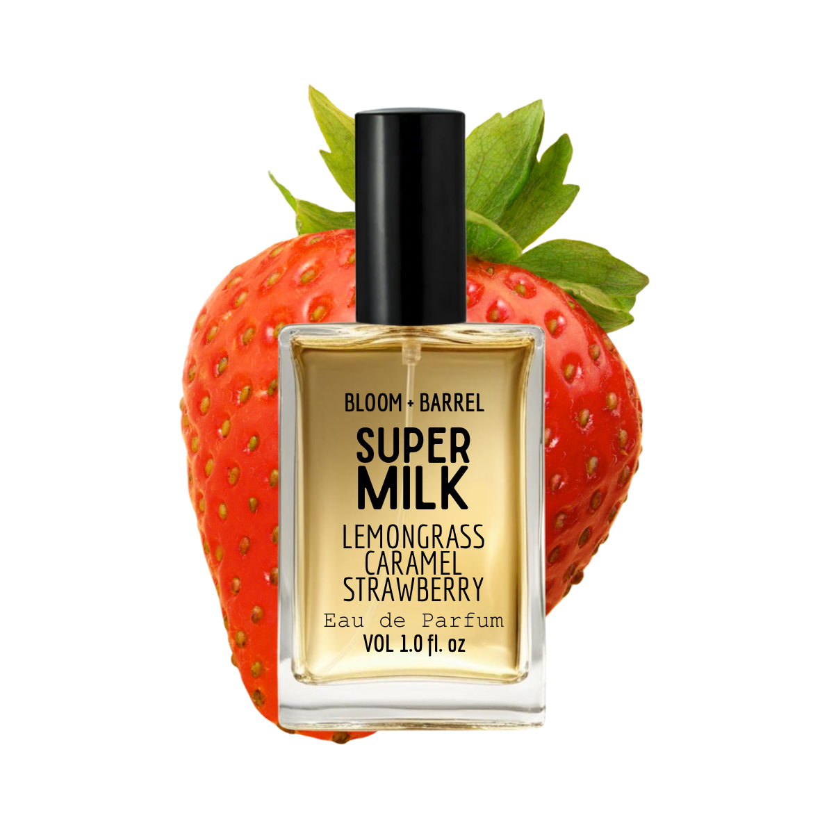 Perfume bottle labeled 'Super Milk Lemongrass Caramel Strawberry' on a strawberry-shaped stand.
