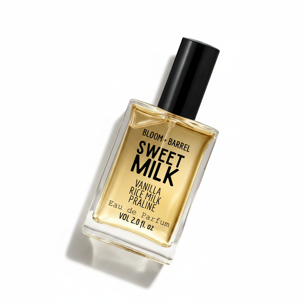 A rectangular glass bottle of Bloom + Barrel Sweet Milk Eau de Parfum with a black cap, filled with golden-amber liquid, on a plain white background.