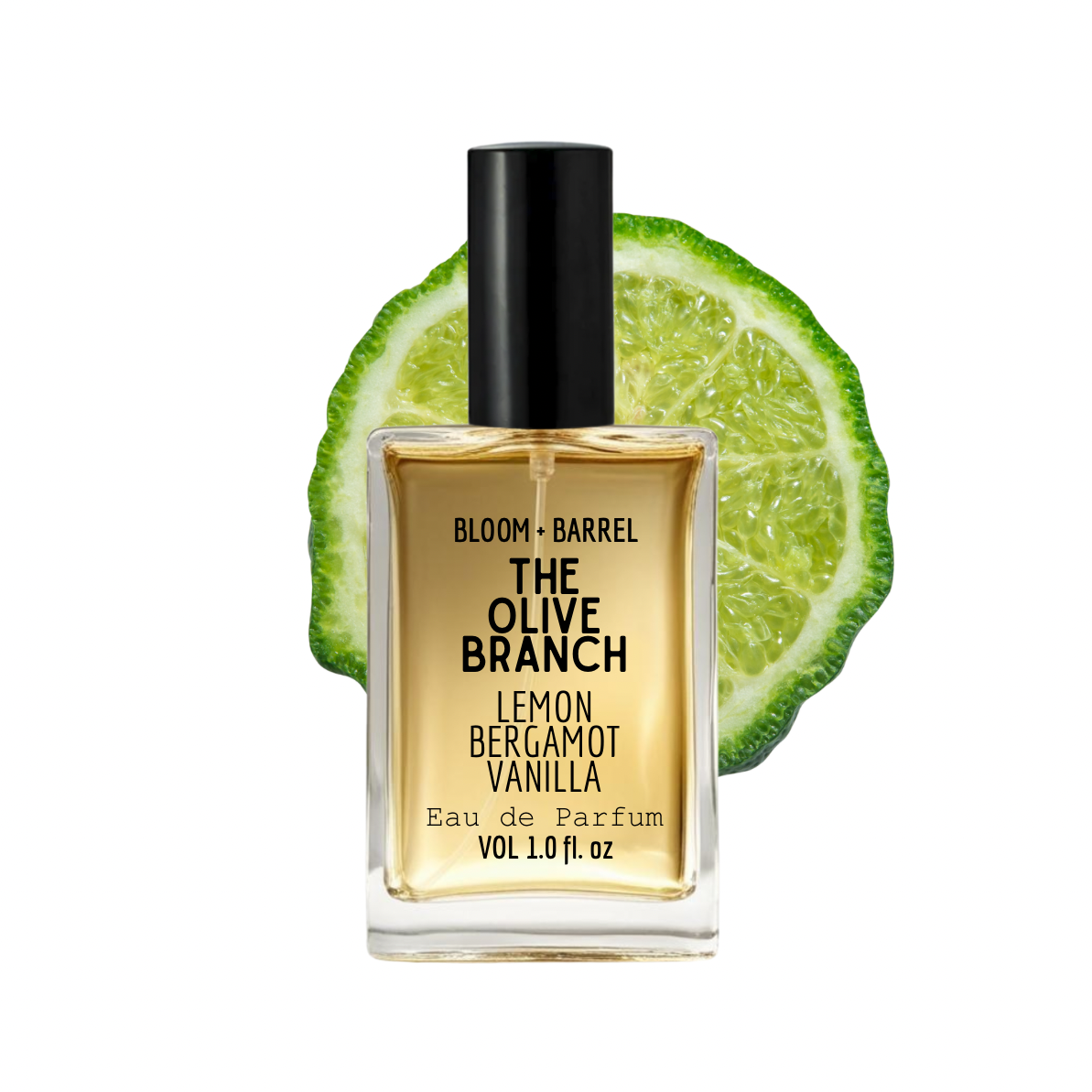 Perfume bottle labeled 'The Olive Branch' with lime slices on a white background