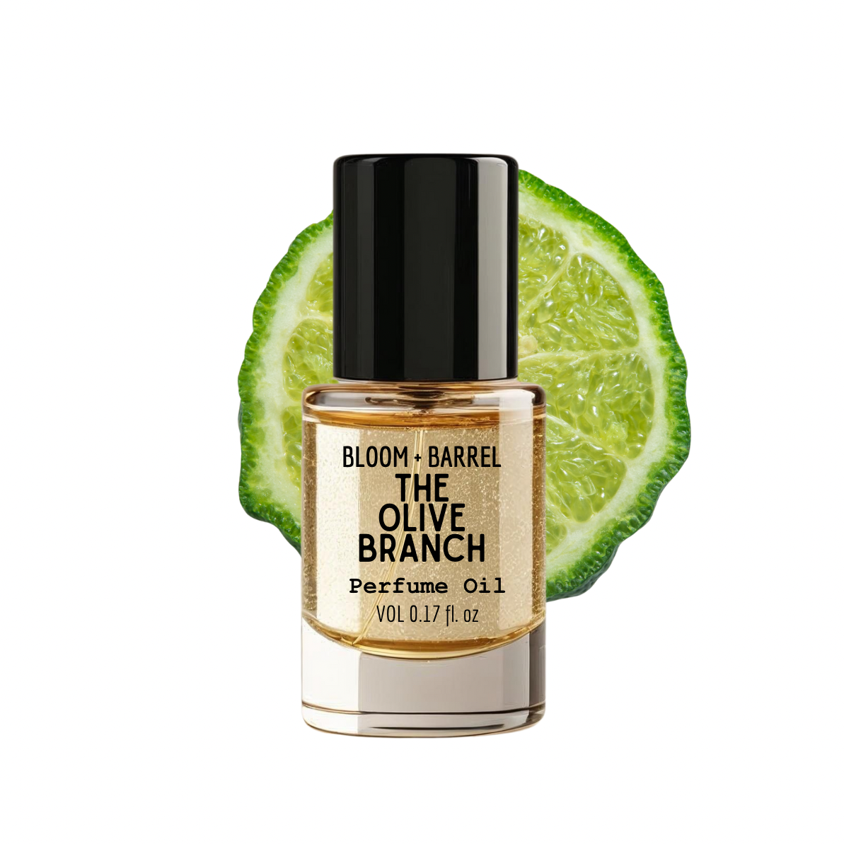 Perfume oil bottle labeled 'The Olive Branch' by Bloom & Barrel with a lime wedge on a white background