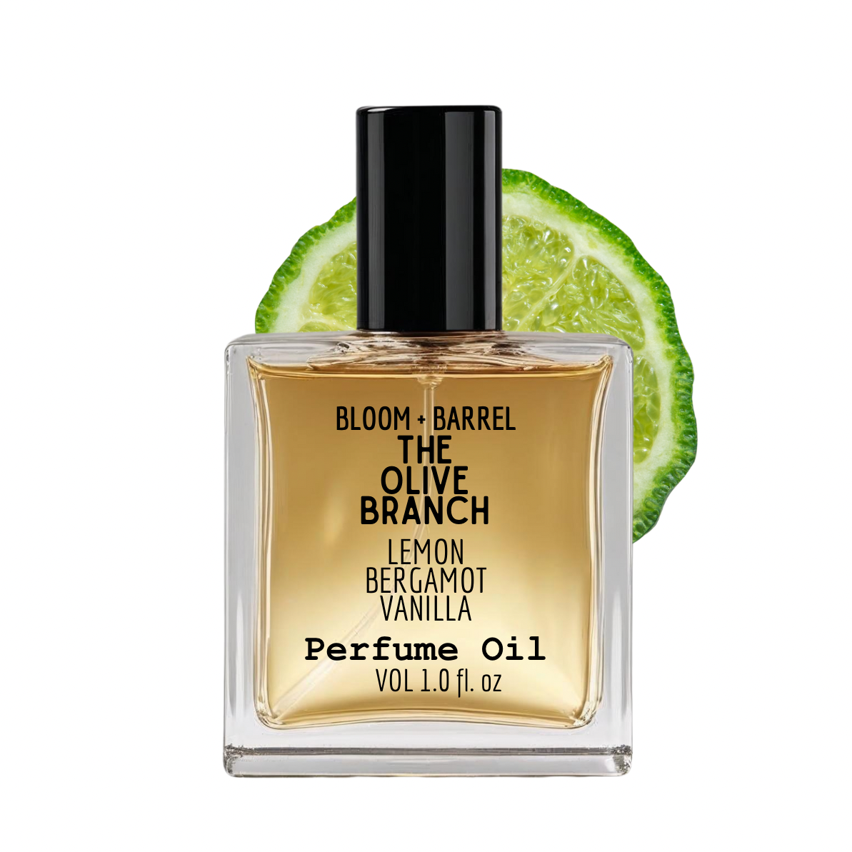 Perfume oil bottle with black cap and gold label on a white background