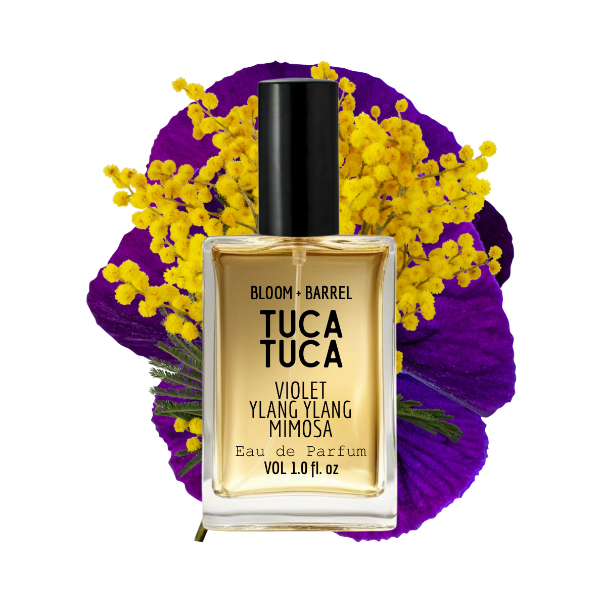 Perfume bottle labeled 'Tuca Tuca' with yellow flowers and purple background
