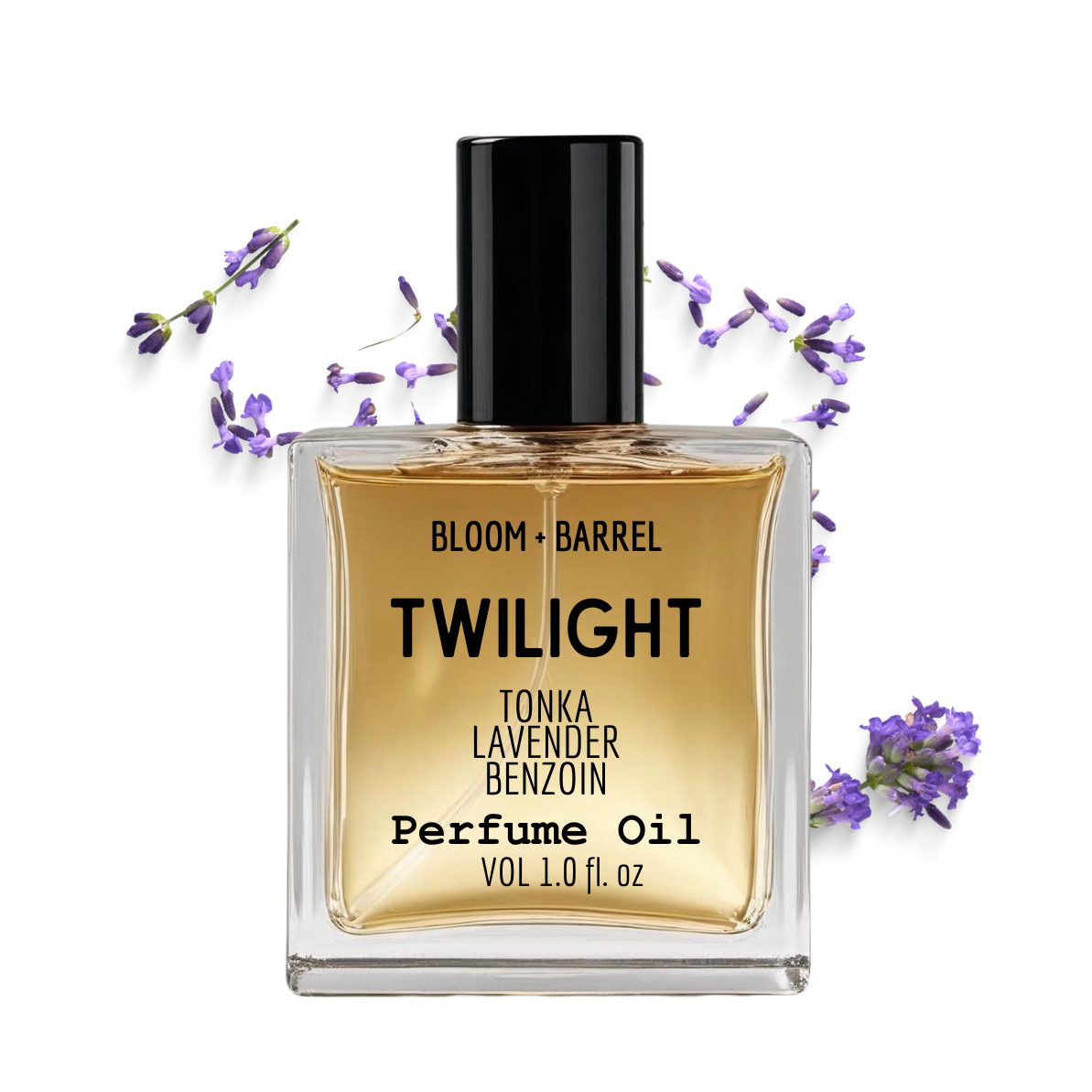 Perfume oil bottle labeled 'Twilight' with lavender flowers on a white background