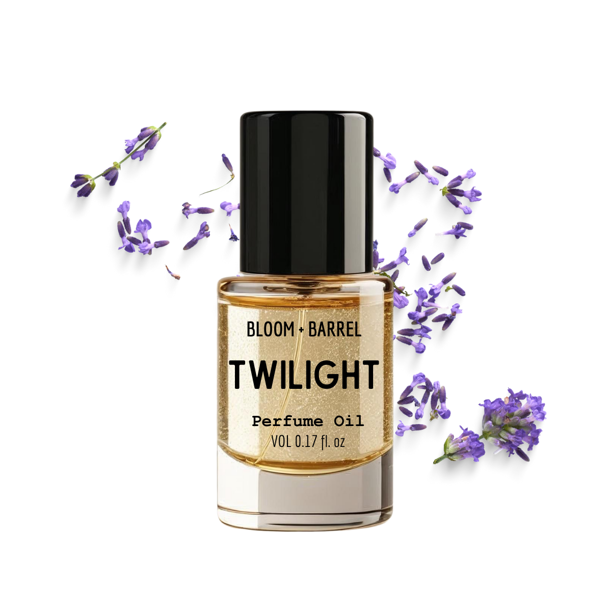 Bottle of Bloom & Barrel Twilight Perfume Oil with lavender flowers on a white background